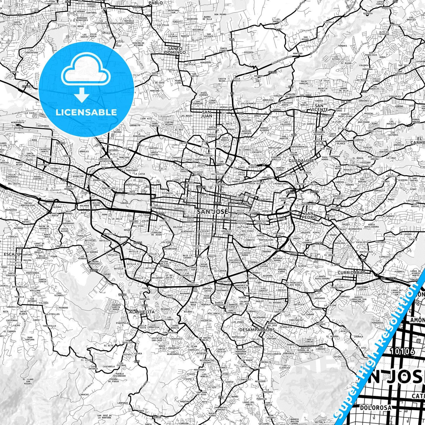 San José, Costa Rica Light Map with Street Names, City Names, and Districts