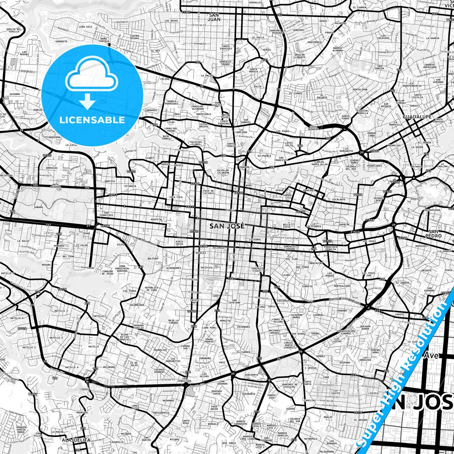 San José, Costa Rica Light Map with Street Names, City Names, and Districts