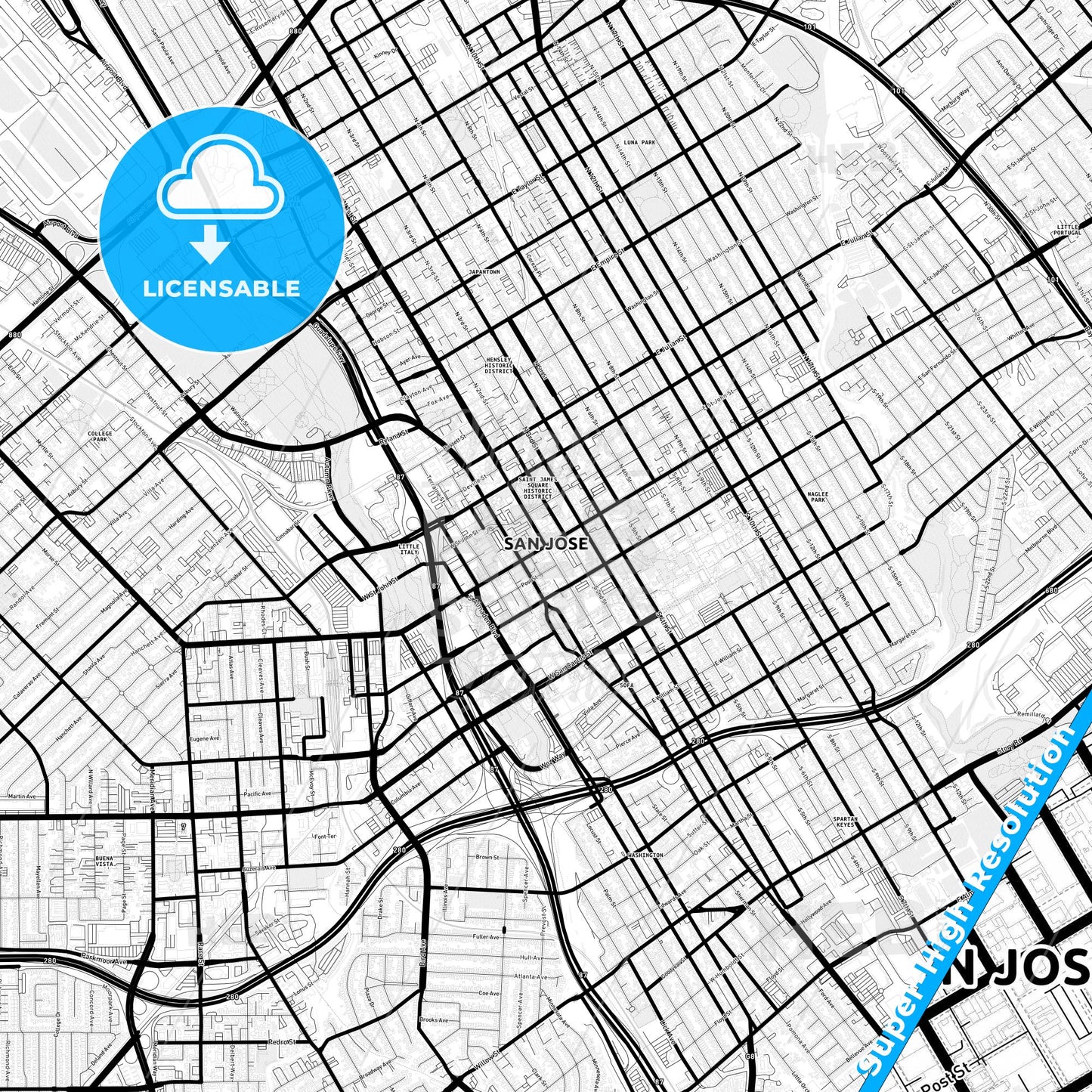 San Jose, California Light Map with Street Names, City Names, and Districts