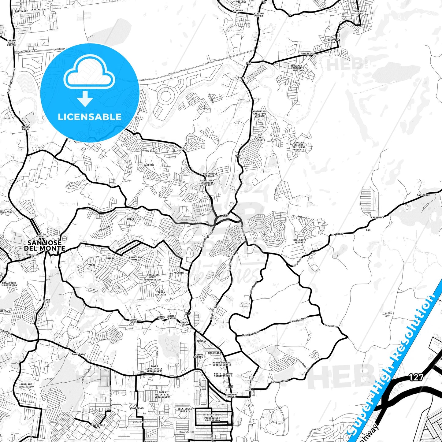 San Jose del Monte, Philippines Light Map with Street Names, City Names, and Districts