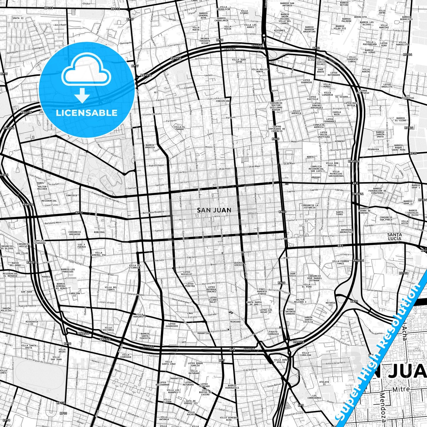 San Juan, Argentina Light Map with Street Names, City Names, and Districts