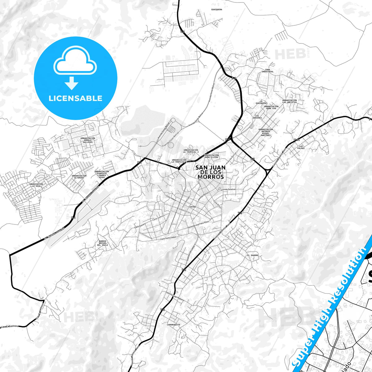 San Juan de los Morros, Venezuela Light Map with Street Names, City Names, and Districts