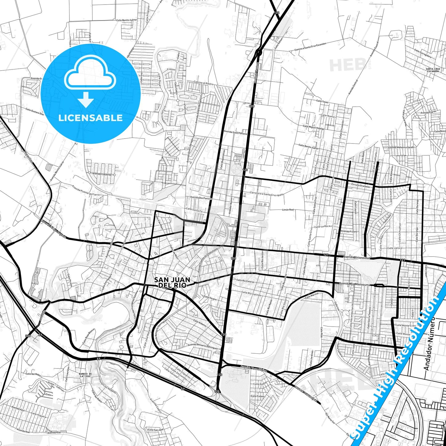 San Juan del Río, Mexico Light Map with Street Names, City Names, and Districts