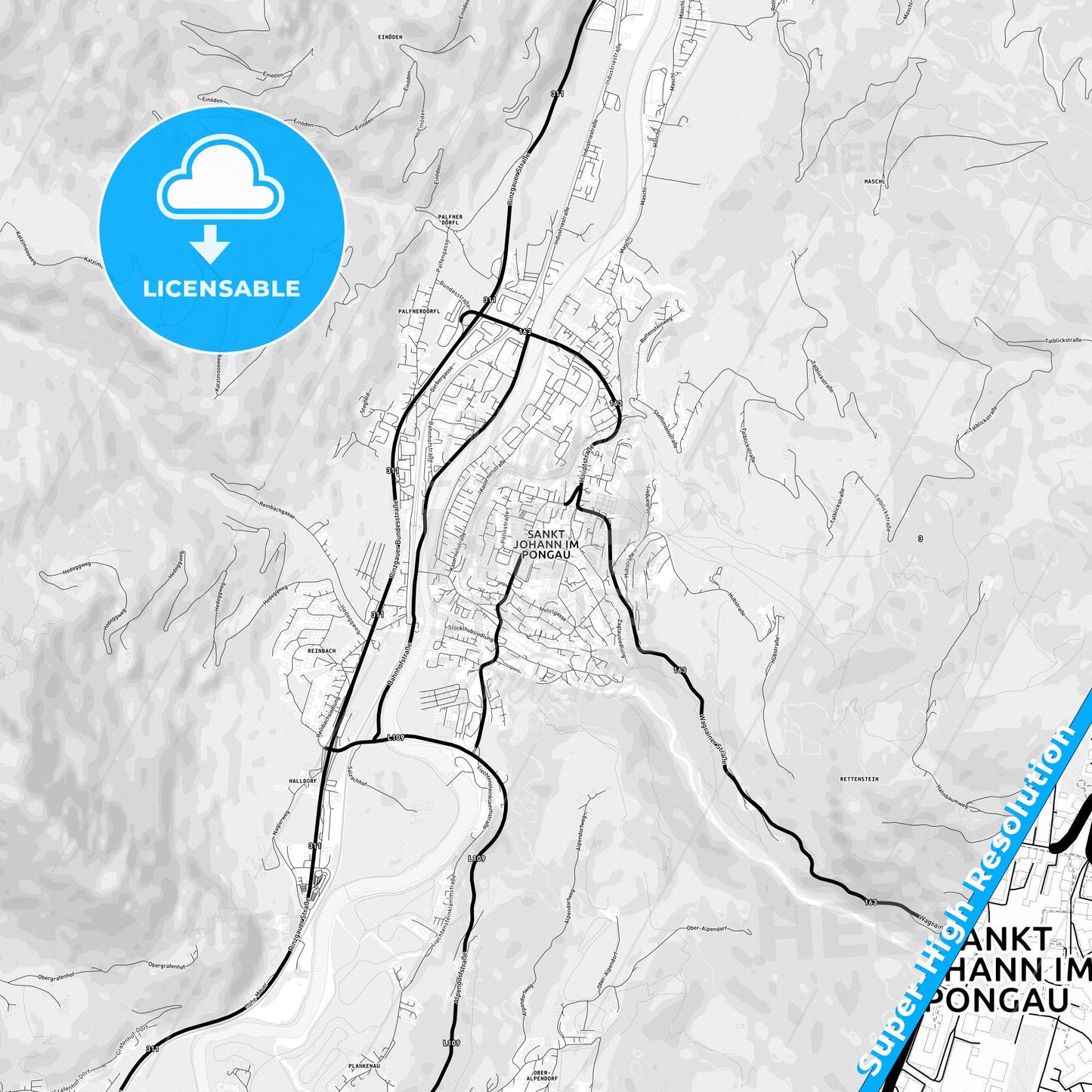 Sankt Johann im Pongau, Austria Light Map with Street Names, City Names, and Districts