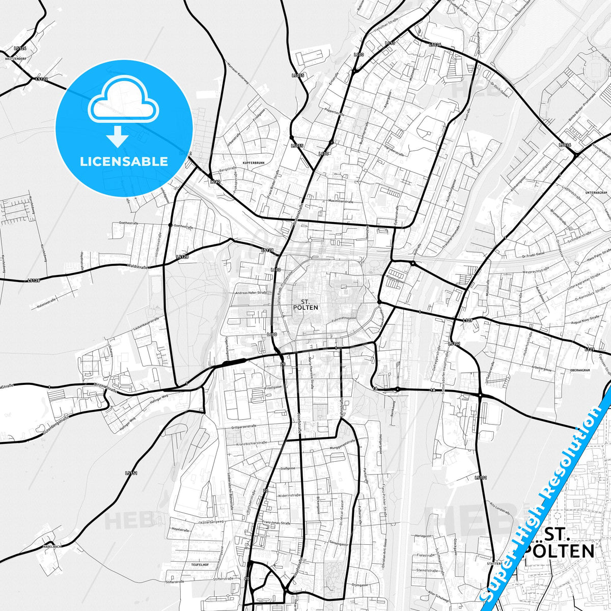 Sankt Pölten, Austria Light Map with Street Names, City Names, and Districts