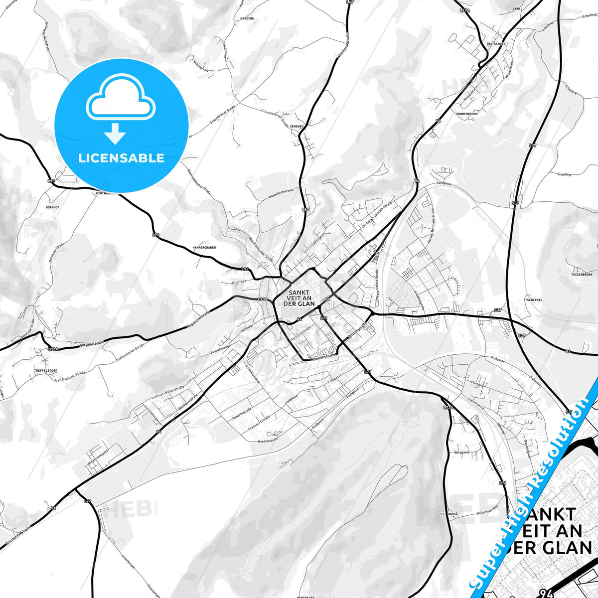 Sankt Veit an der Glan, Austria Light Map with Street Names, City Names, and Districts