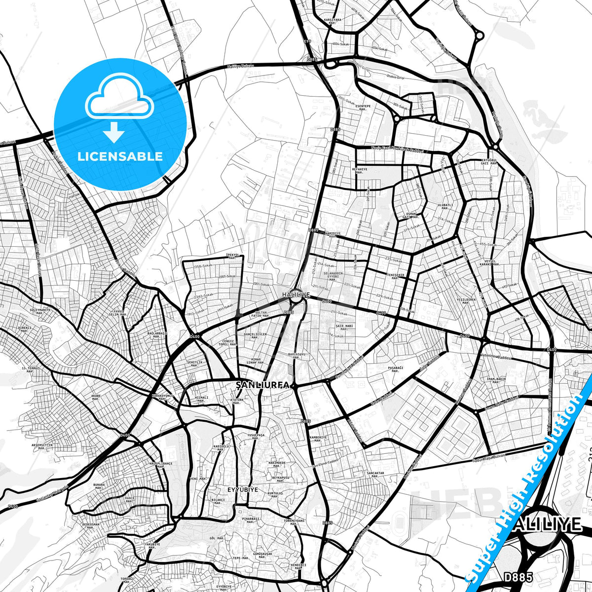 Şanlıurfa, Turkey Light Map with Street Names, City Names, and Districts