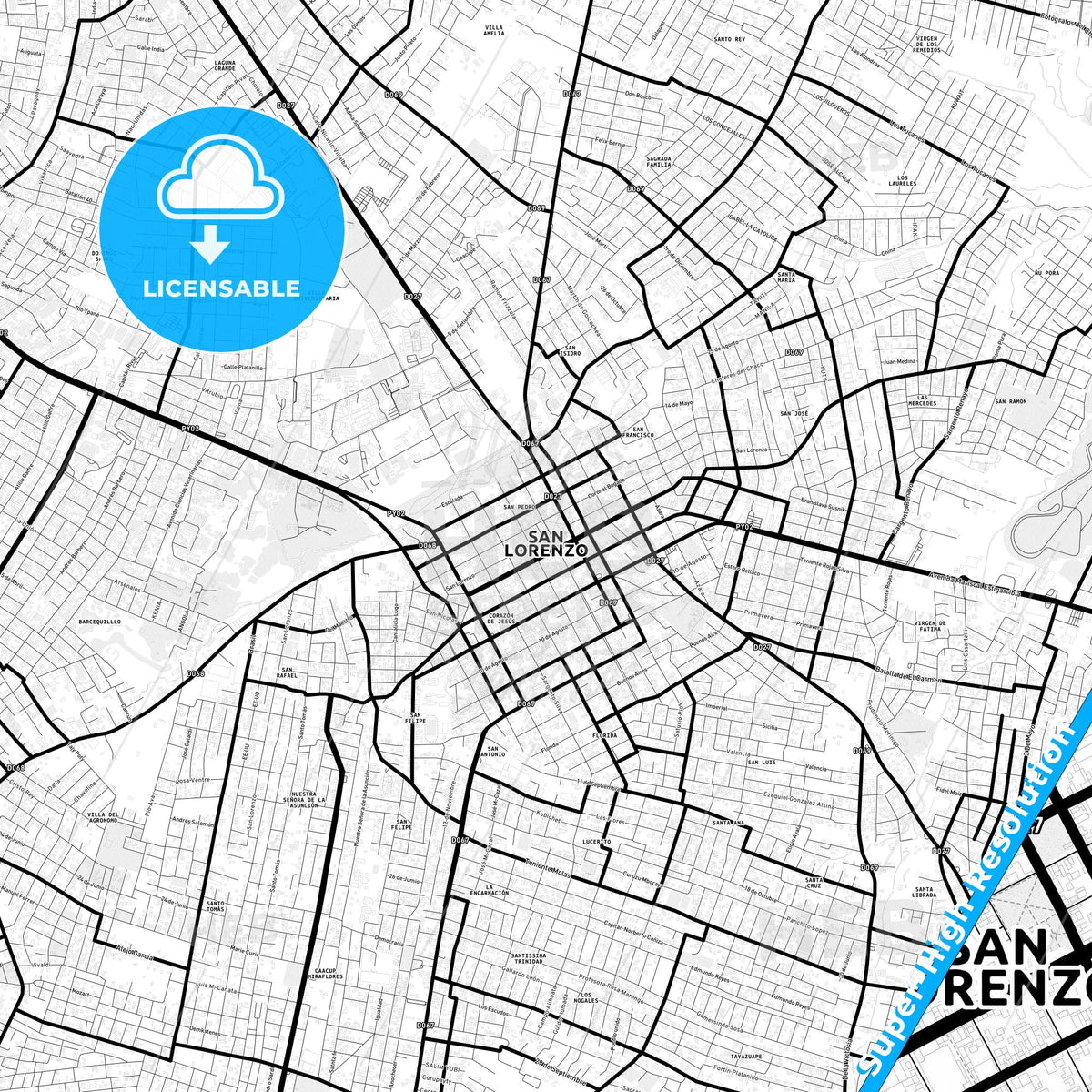 San Lorenzo, Paraguay Light Map with Street Names, City Names, and Districts
