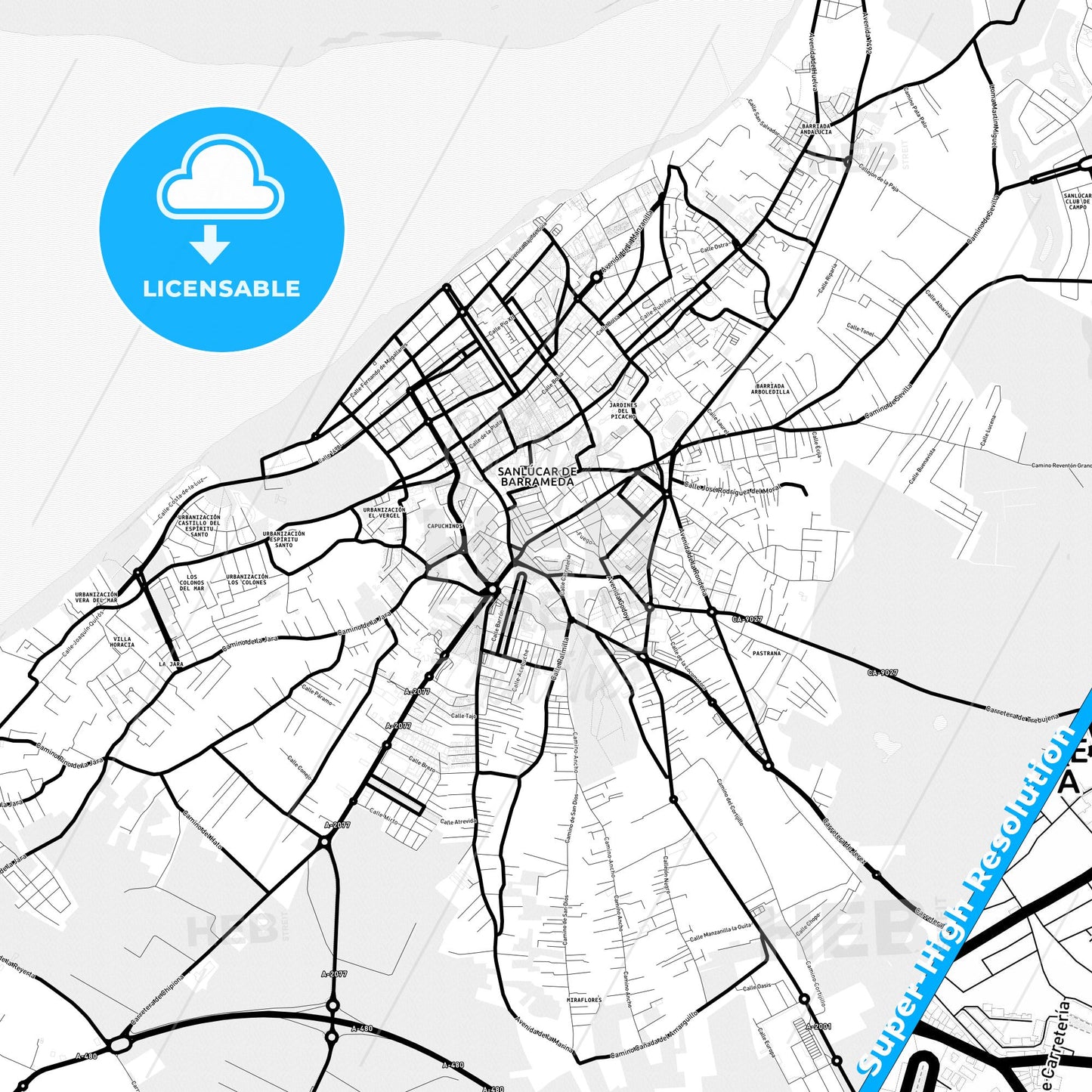 Sanlúcar de Barrameda, Spain Light Map with Street Names, City Names, and Districts