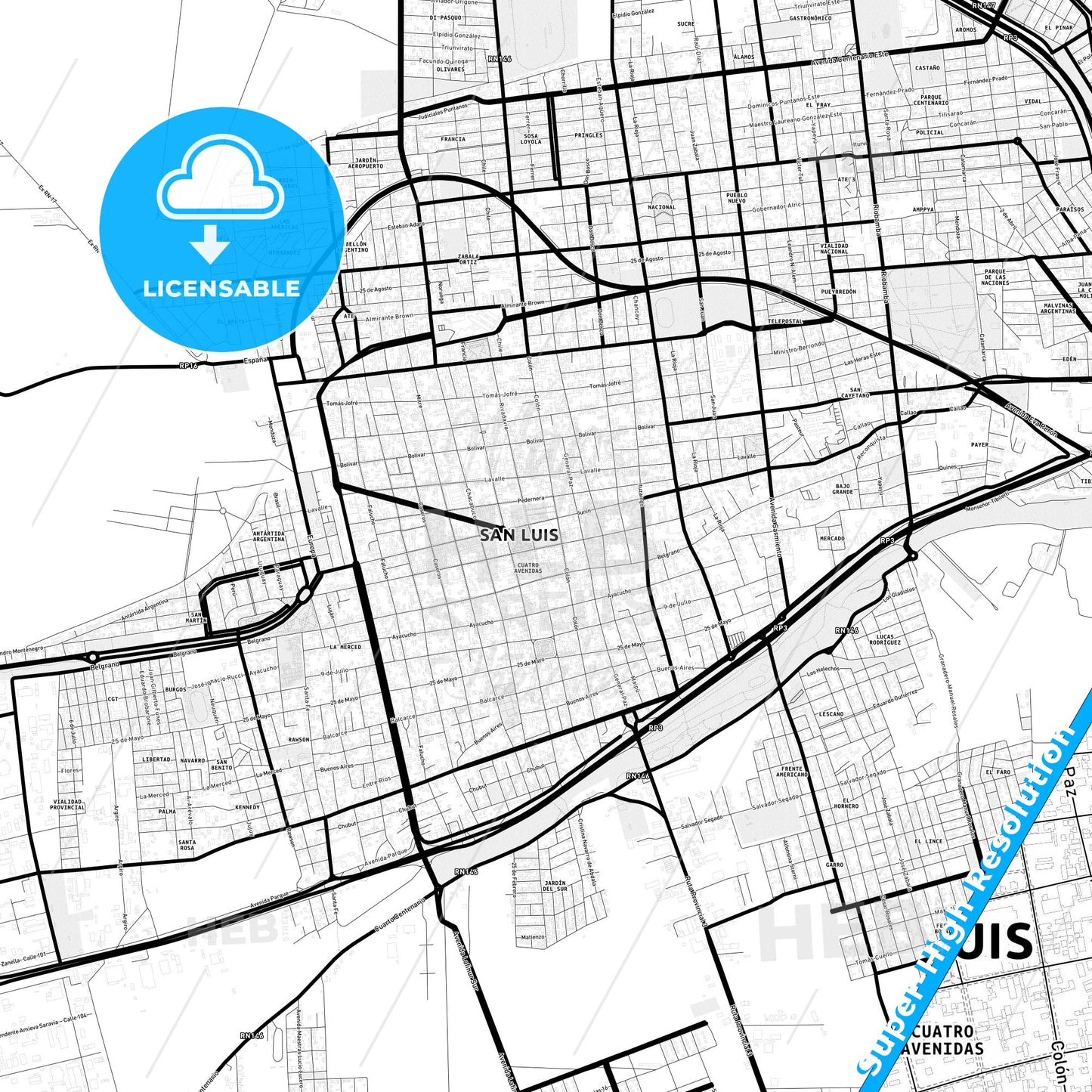 San Luis, Argentina Light Map with Street Names, City Names, and Districts