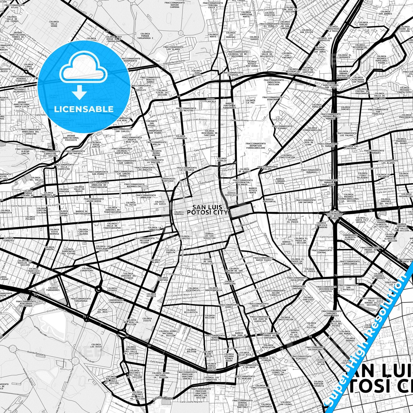 San Luis Potosí, Mexico Light Map with Street Names, City Names, and Districts