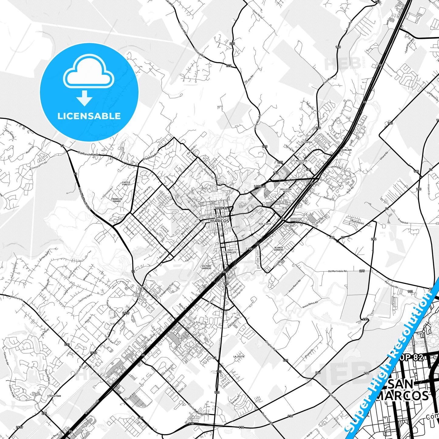 San Marcos, Texas Light Map with Street Names, City Names, and Districts