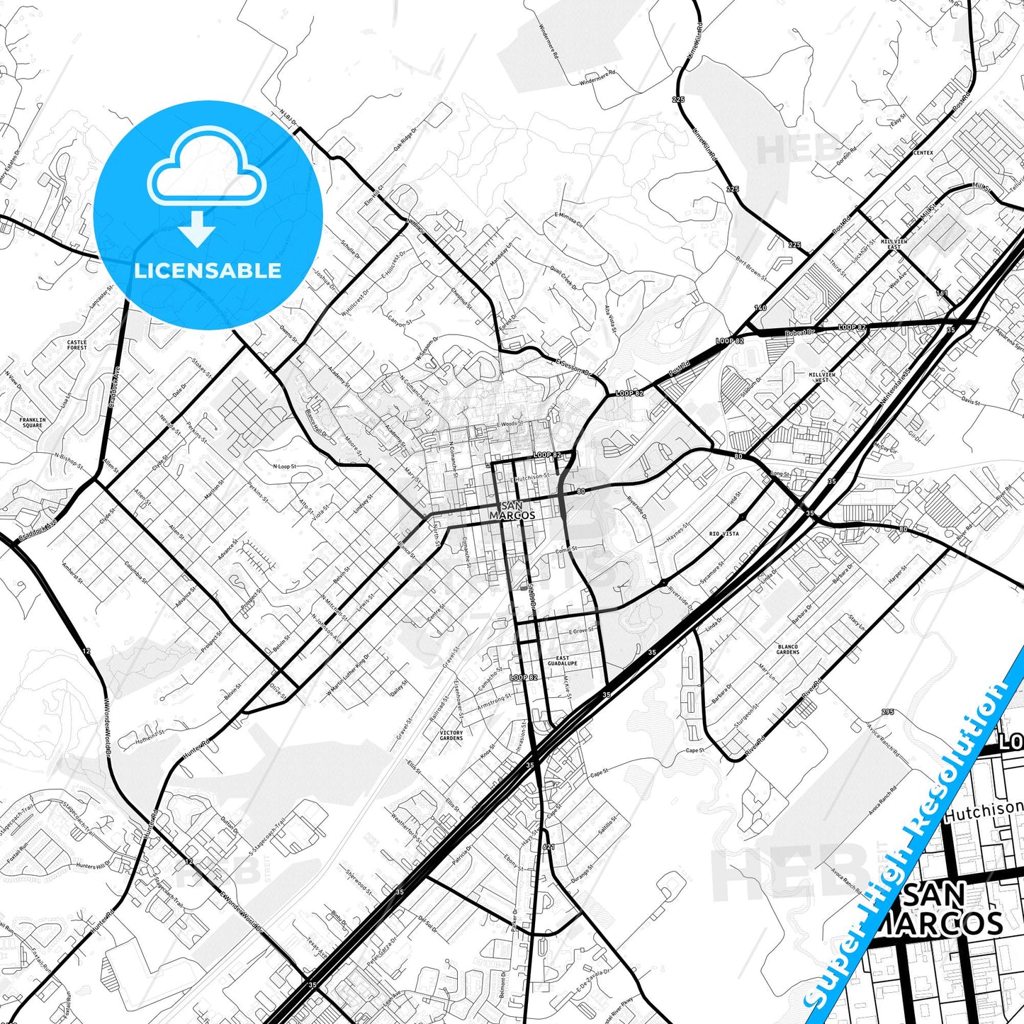 San Marcos, Texas Light Map with Street Names, City Names, and Districts