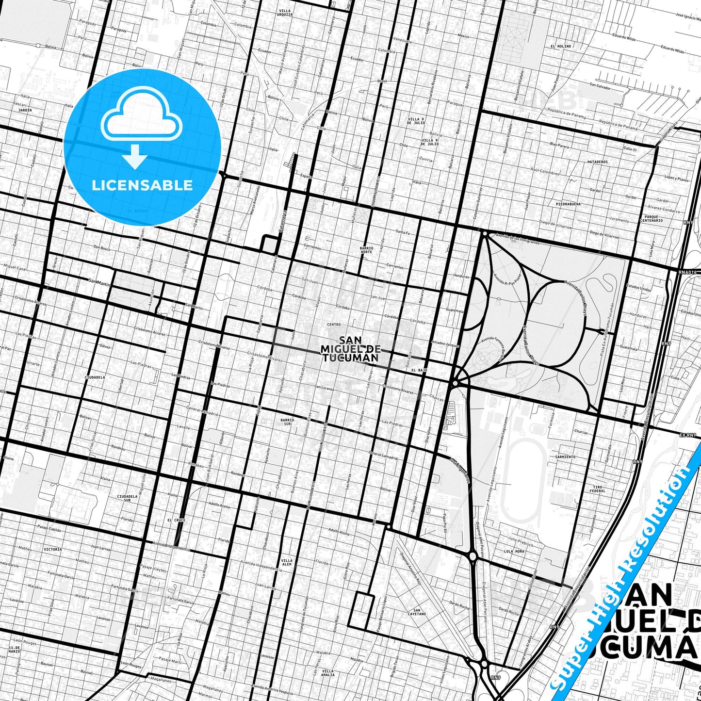 San Miguel de Tucuman, Argentina Light Map with Street Names, City Names, and Districts
