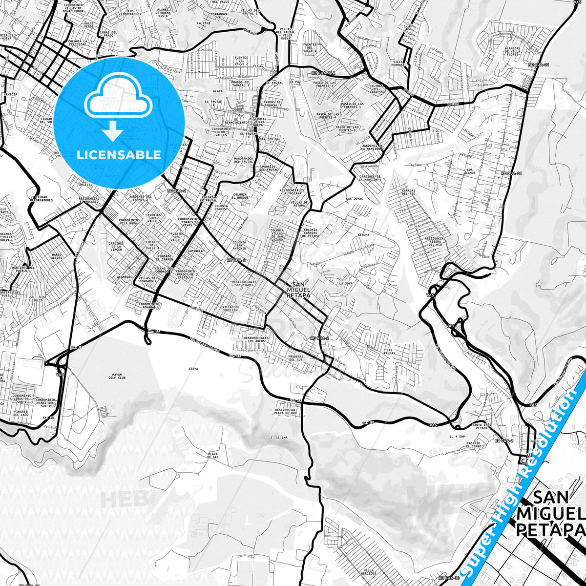 San Miguel Petapa, Guatemala Light Map with Street Names, City Names, and Districts