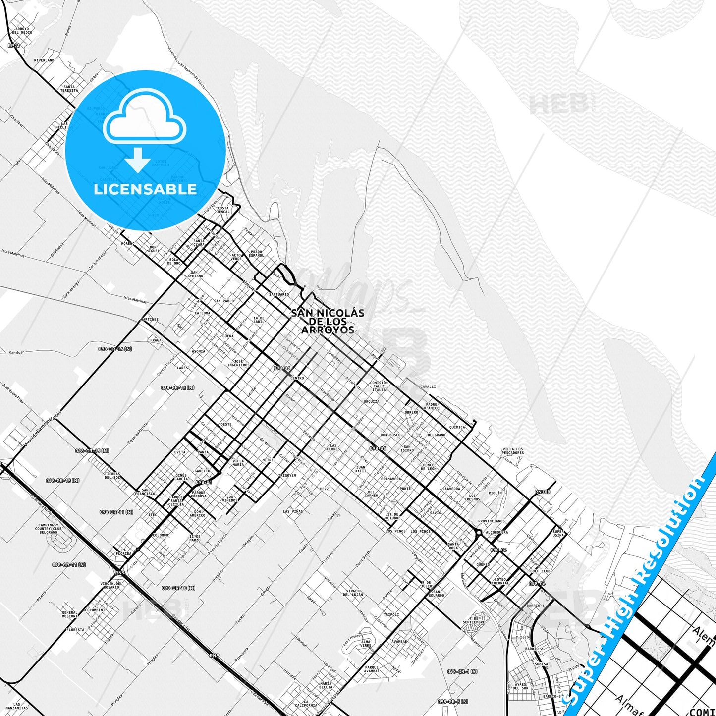 San Nicolas de los Arroyos, Argentina Light Map with Street Names, City Names, and Districts