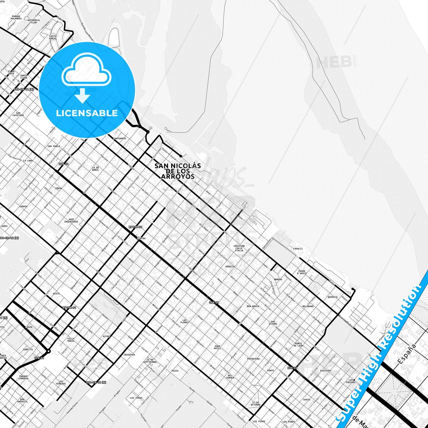San Nicolas de los Arroyos, Argentina Light Map with Street Names, City Names, and Districts