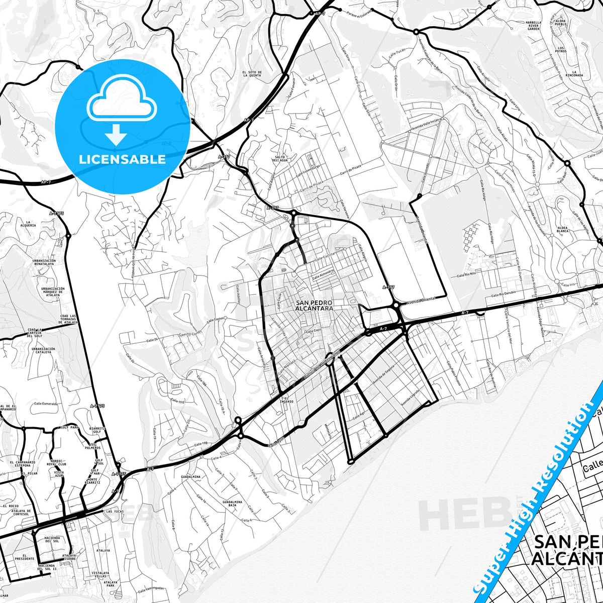 San Pedro de Alcántara, Spain Light Map with Street Names, City Names, and Districts