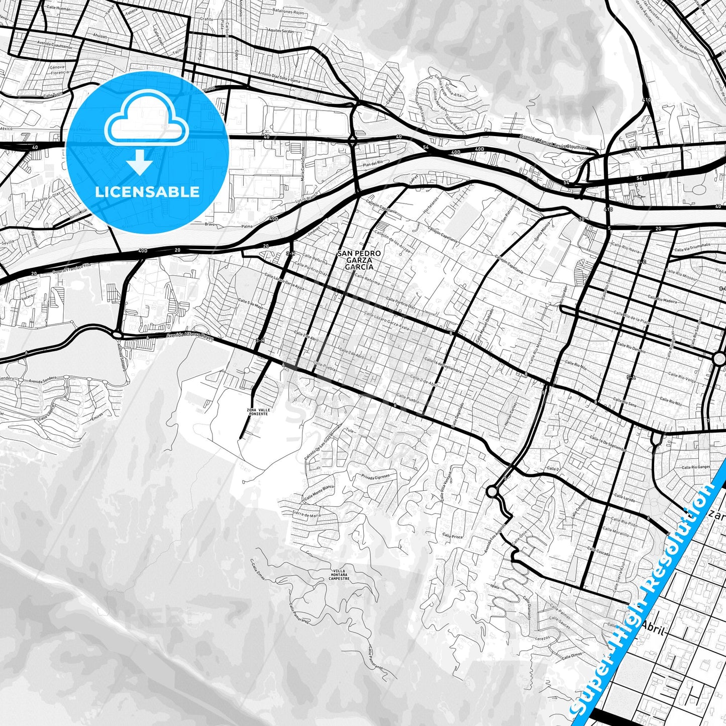 San Pedro Garza García, Mexico Light Map with Street Names, City Names, and Districts