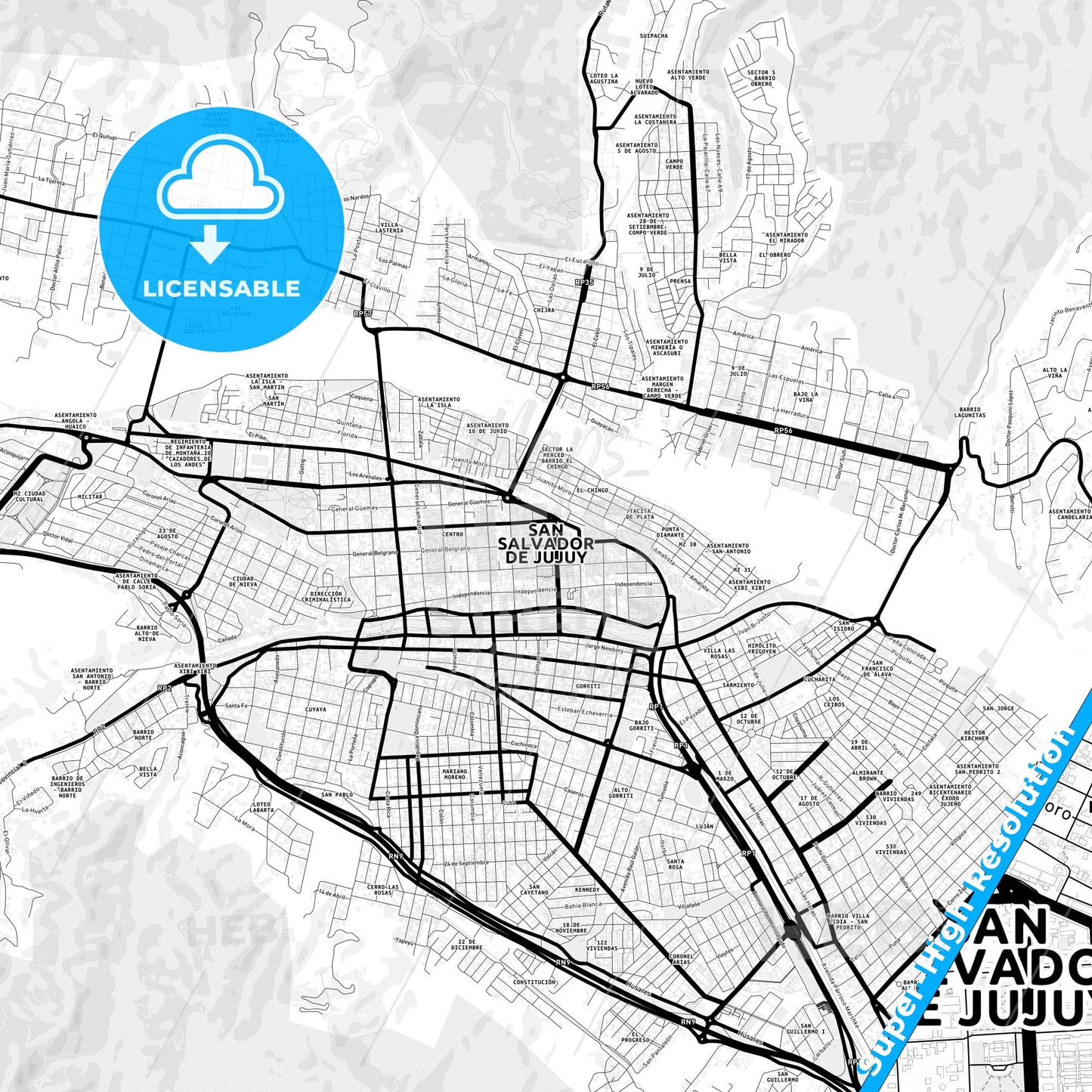 San Salvador de Jujuy, Argentina Light Map with Street Names, City Names, and Districts