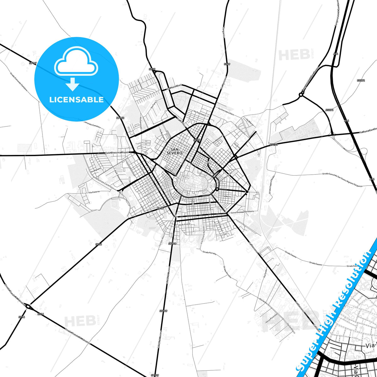 San Severo, Italy Light Map with Street Names, City Names, and Districts