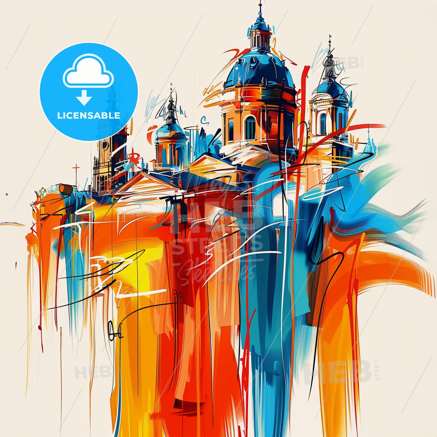 Vibrant Sant Martí, Spain - A Painting Of A Building With A Blue Dome And Red And Orange Paint