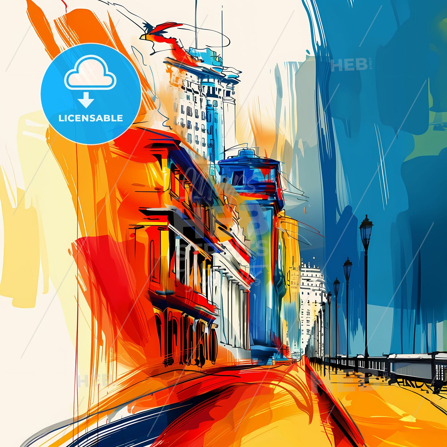 Vibrant Santa Clara, Cuba - A Painting Of A Street With Buildings And A Bridge