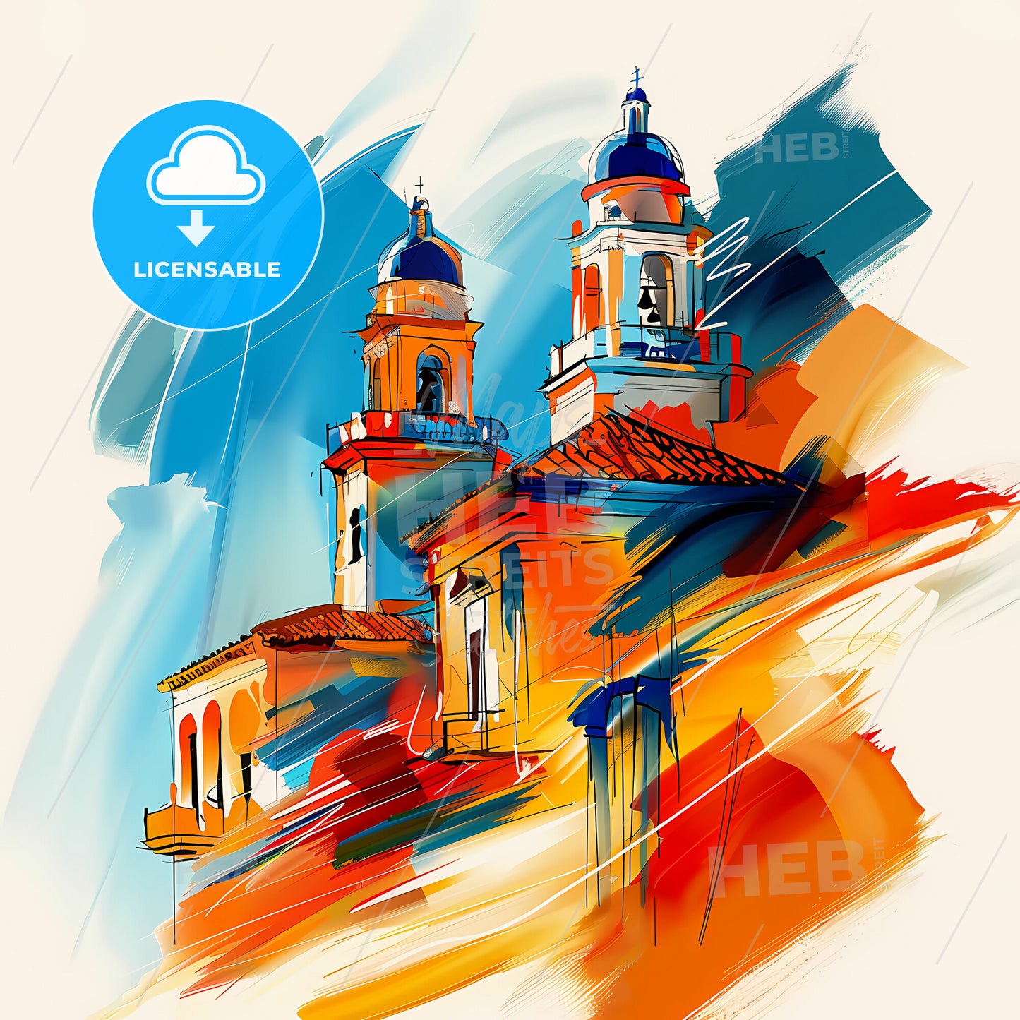 Vibrant Santa Clara, Cuba - A Painting Of A Building With Towers