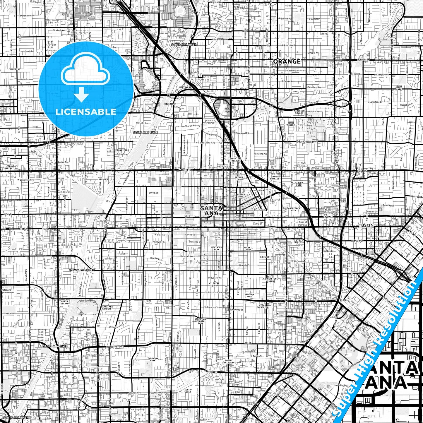 Santa Ana, California Light Map with Street Names, City Names, and Districts
