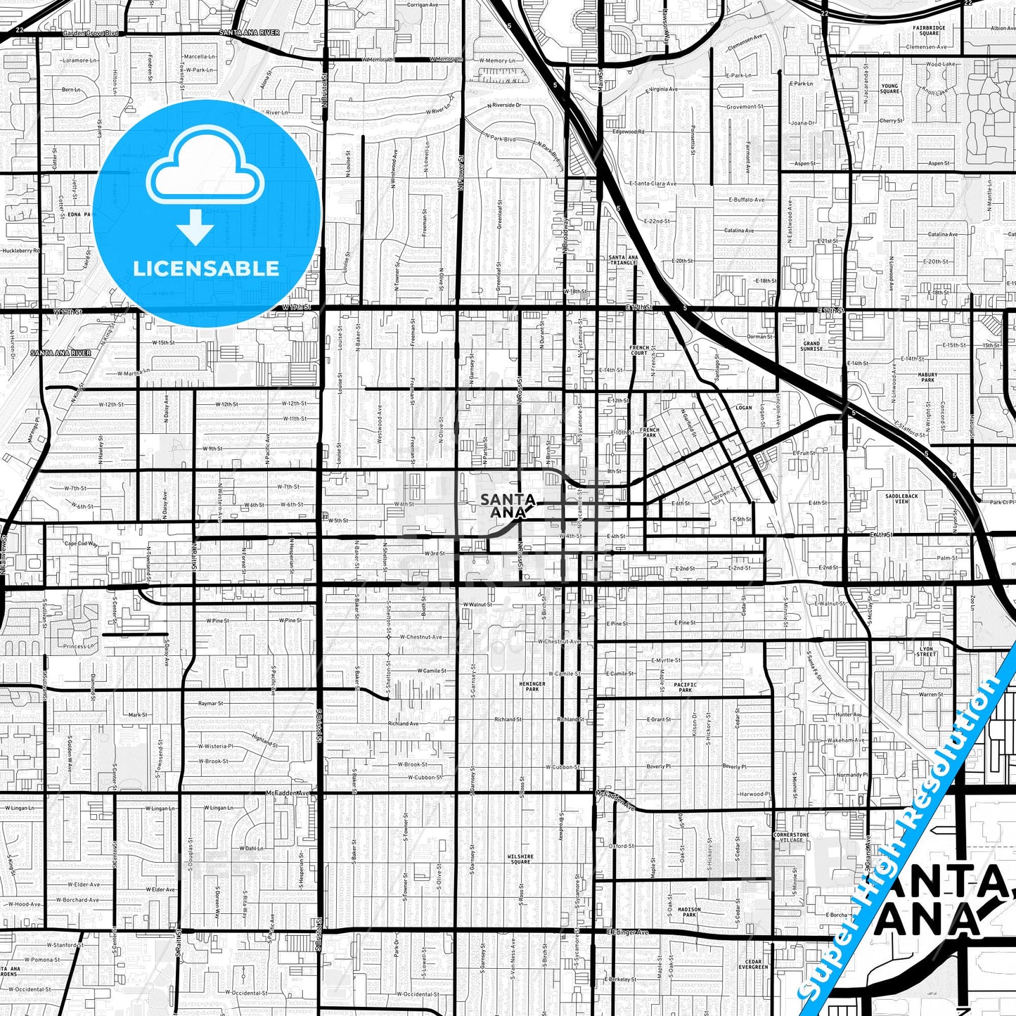 Santa Ana, California Light Map with Street Names, City Names, and Districts