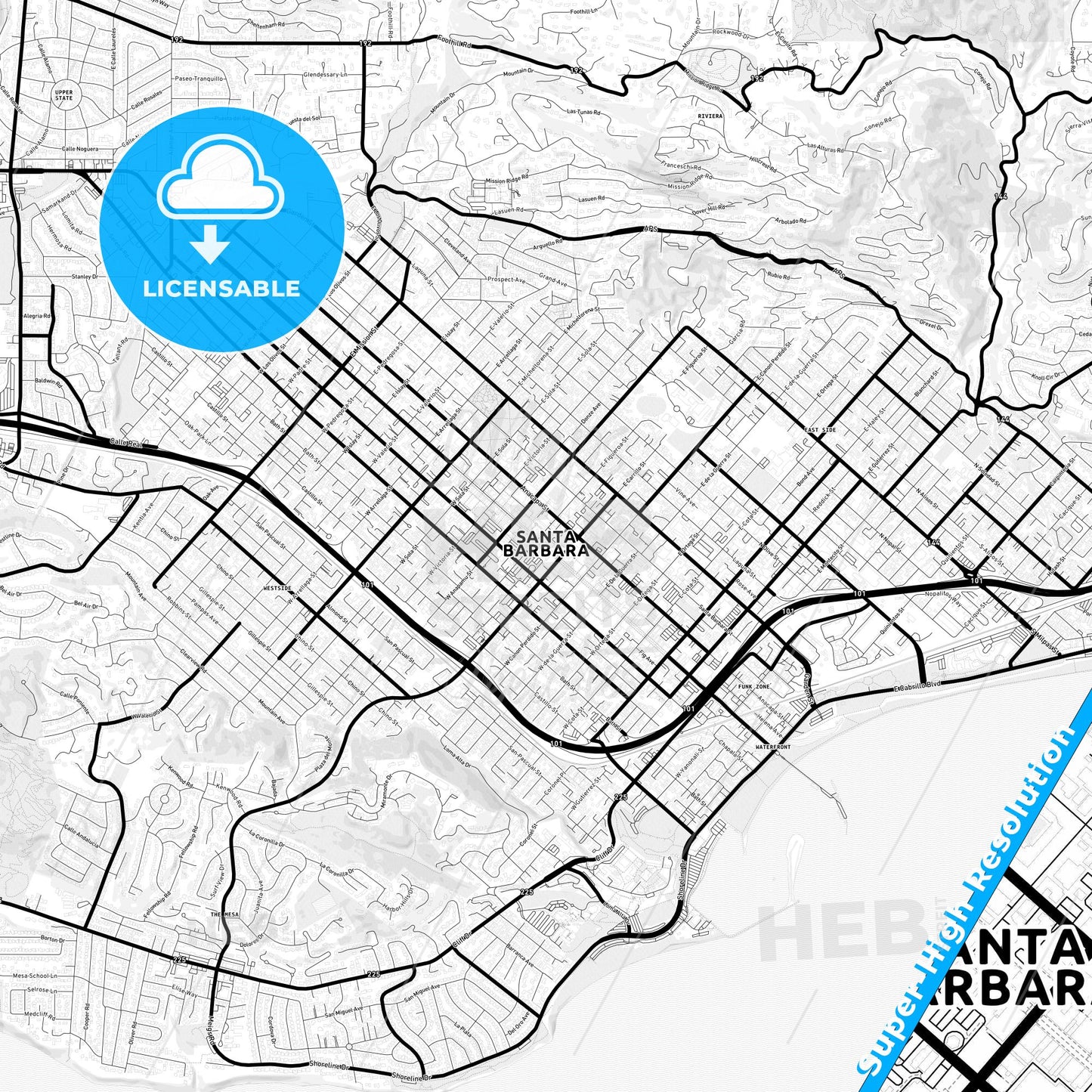 Santa Barbara, California Light Map with Street Names, City Names, and Districts