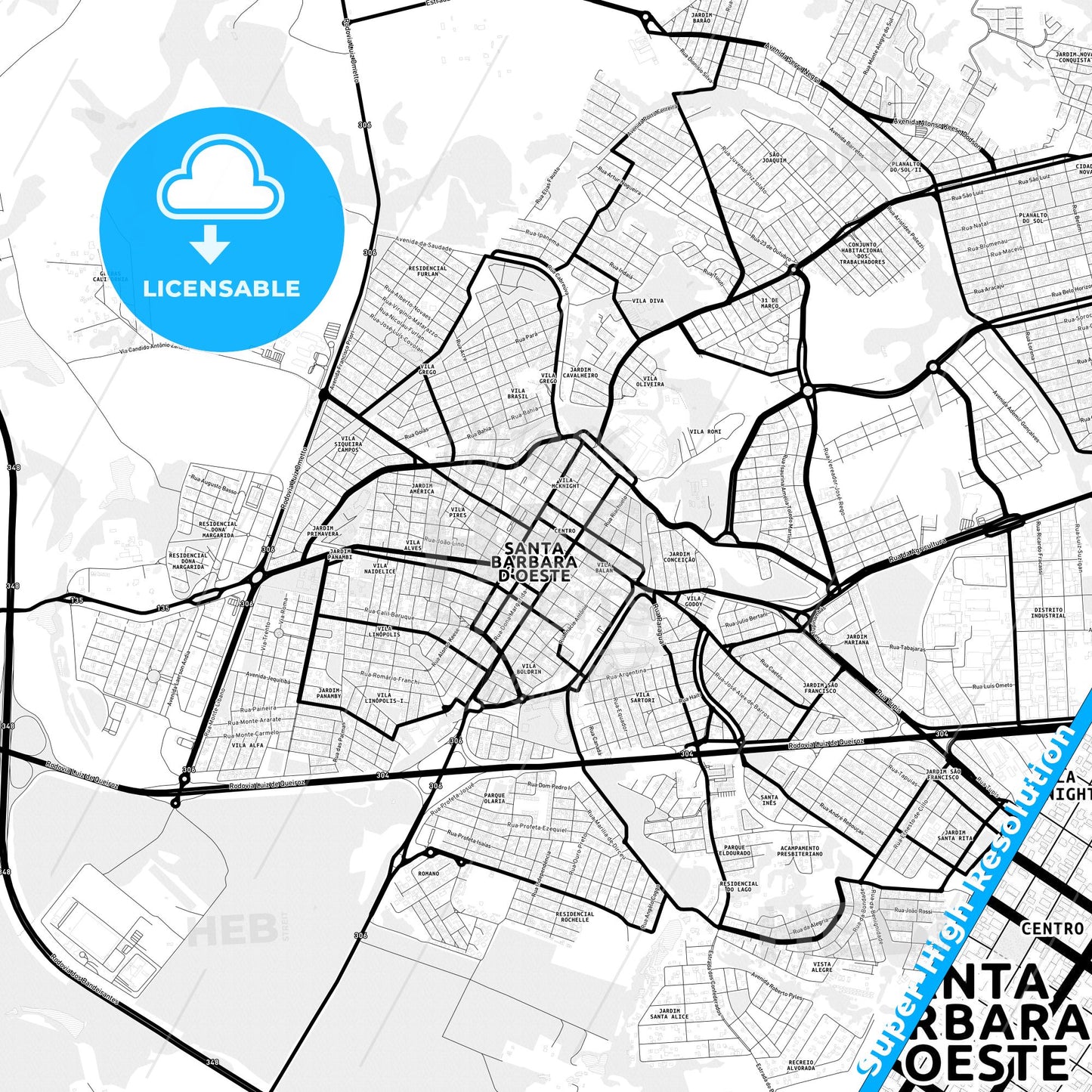 Santa Barbara d Oeste, Brazil Light Map with Street Names, City Names, and Districts