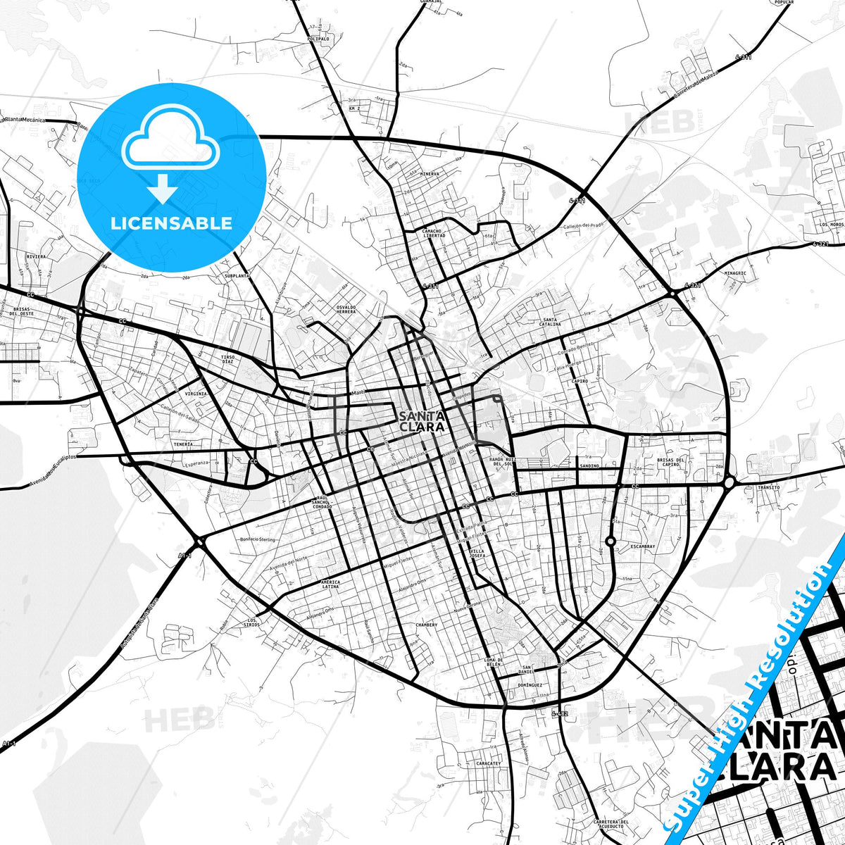 Santa Clara, Cuba Light Map with Street Names, City Names, and Districts