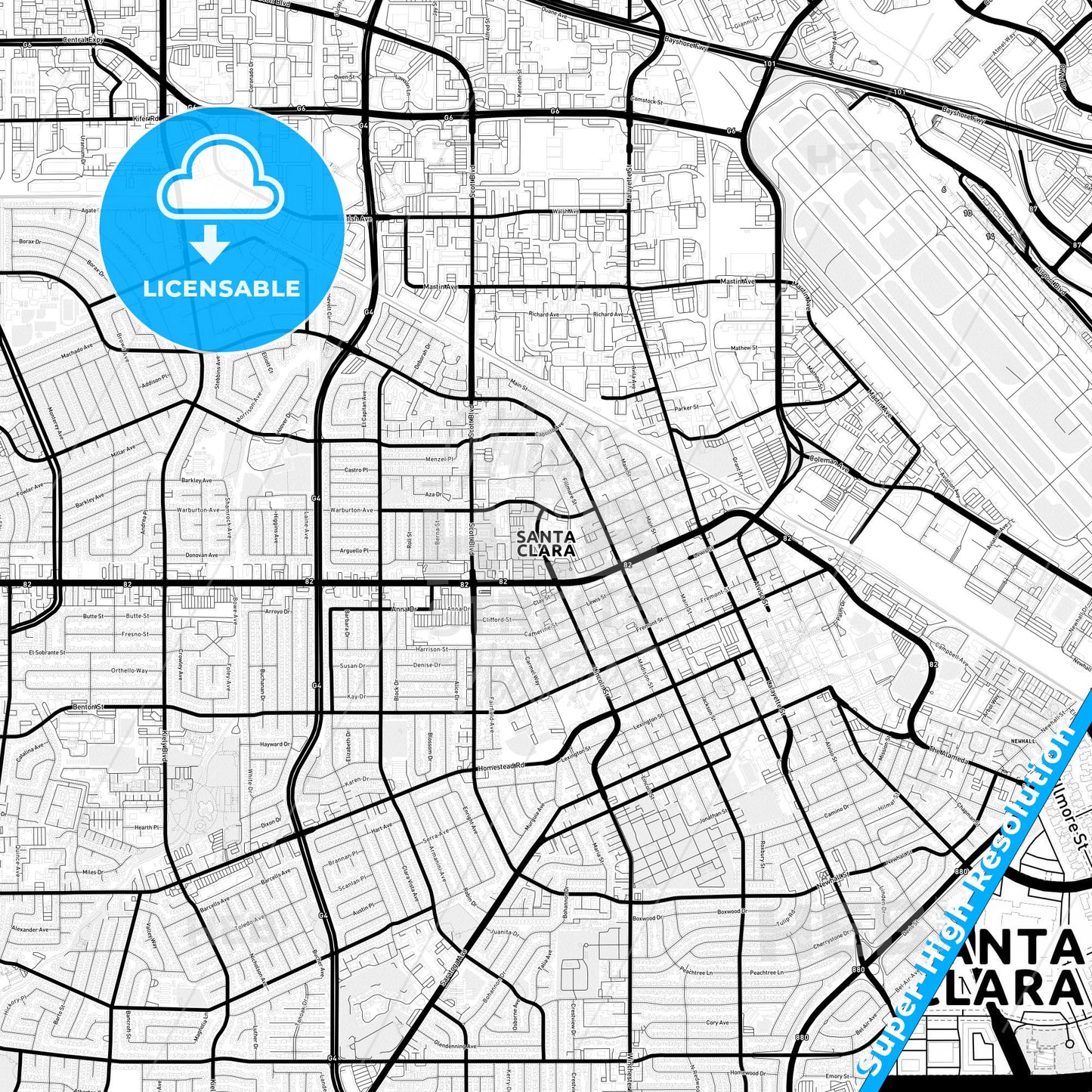 Santa Clara, California Light Map with Street Names, City Names, and Districts
