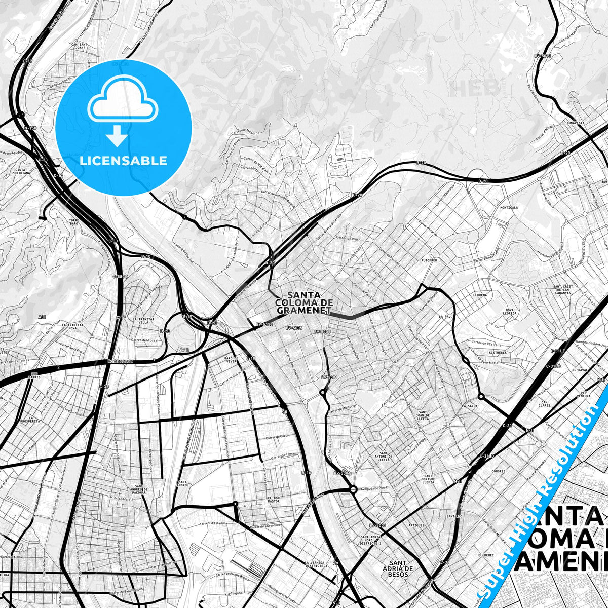 Santa Coloma de Gramenet, Spain Light Map with Street Names, City Names, and Districts