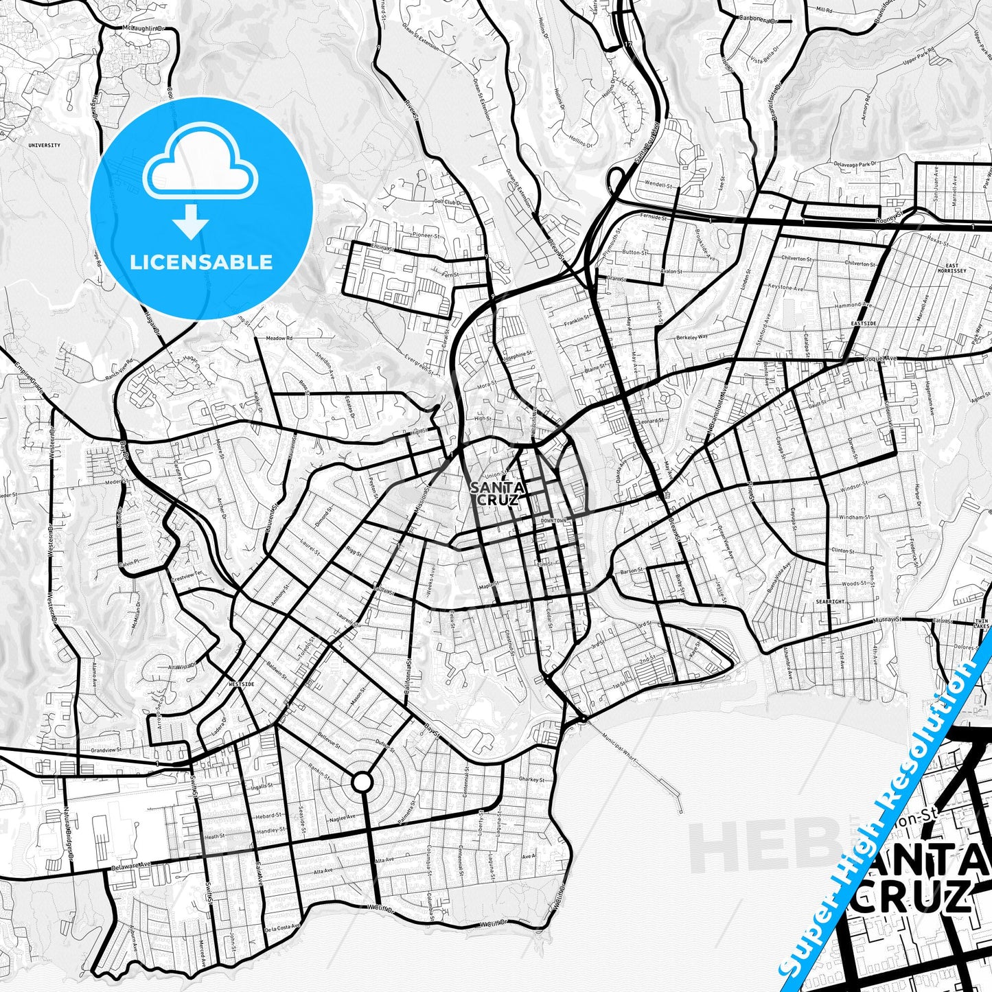 Santa Cruz, California Light Map with Street Names, City Names, and Districts