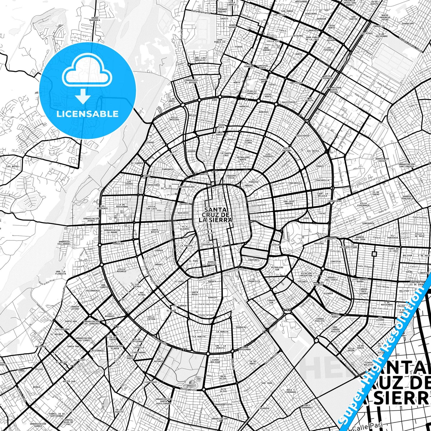 Santa Cruz de la Sierra, Bolivia Light Map with Street Names, City Names, and Districts