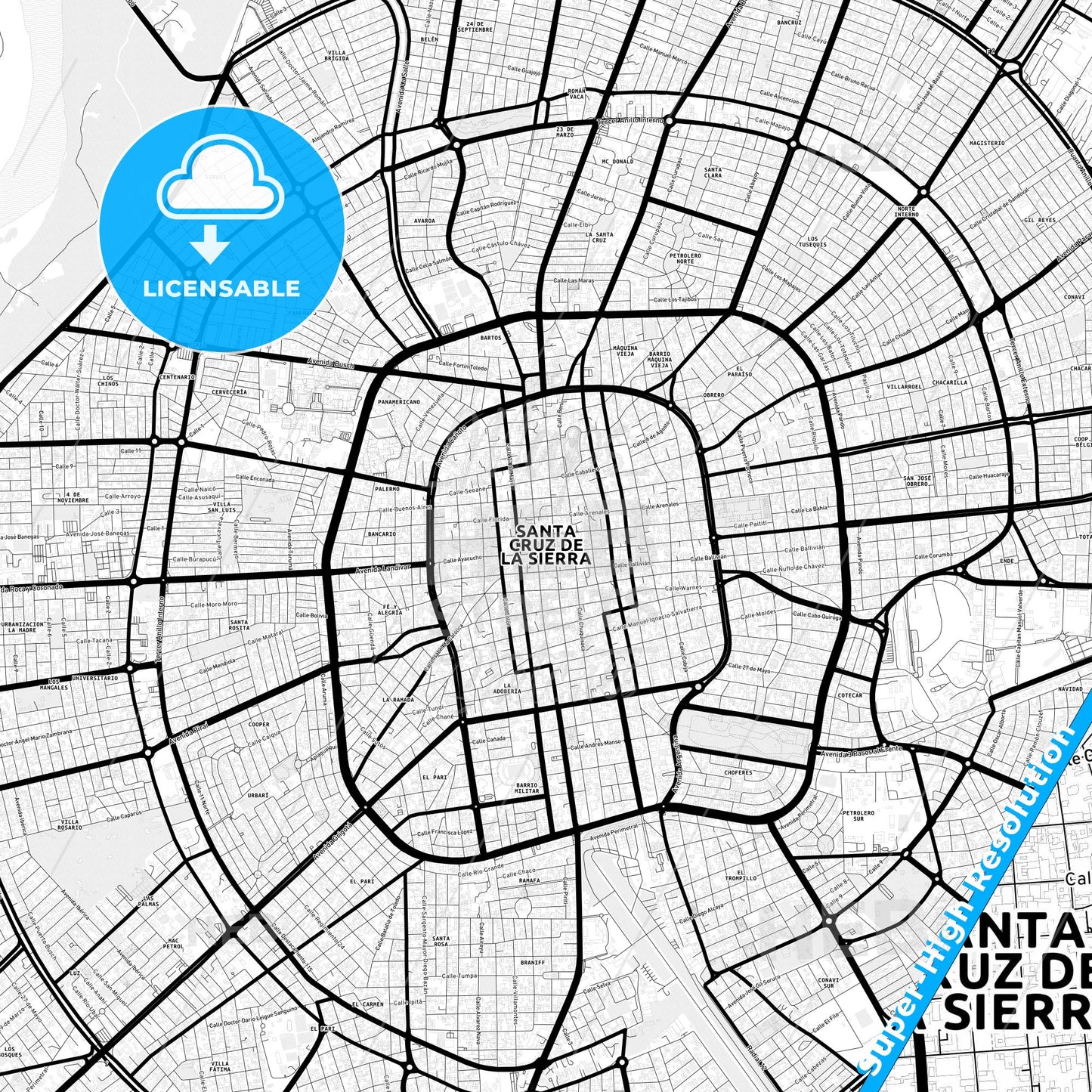 Santa Cruz de la Sierra, Bolivia Light Map with Street Names, City Names, and Districts