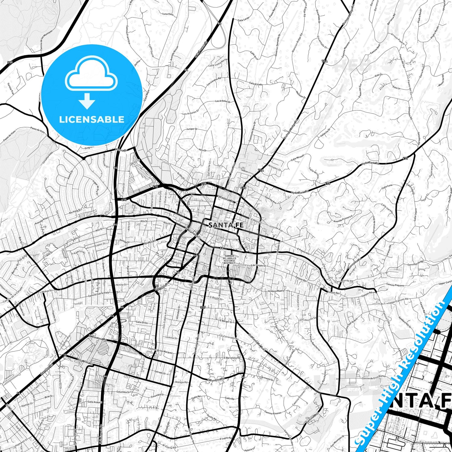 Santa Fe, New Mexico Light Map with Street Names, City Names, and Districts