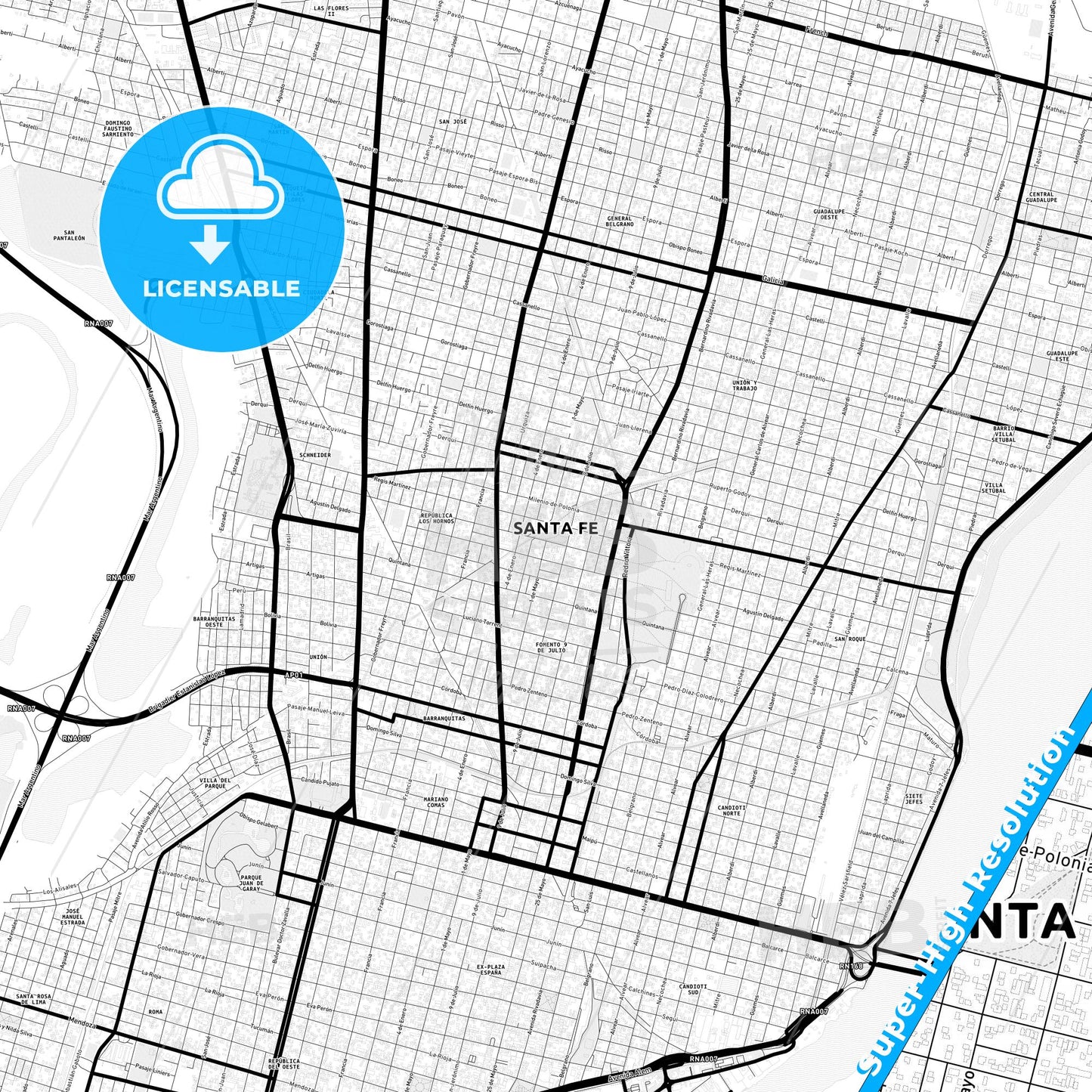 Santa Fe de la Vera Cruz, Argentina Light Map with Street Names, City Names, and Districts