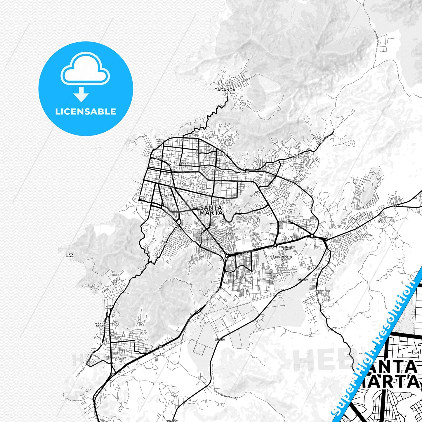 Santa Marta, Colombia Light Map with Street Names, City Names, and Districts
