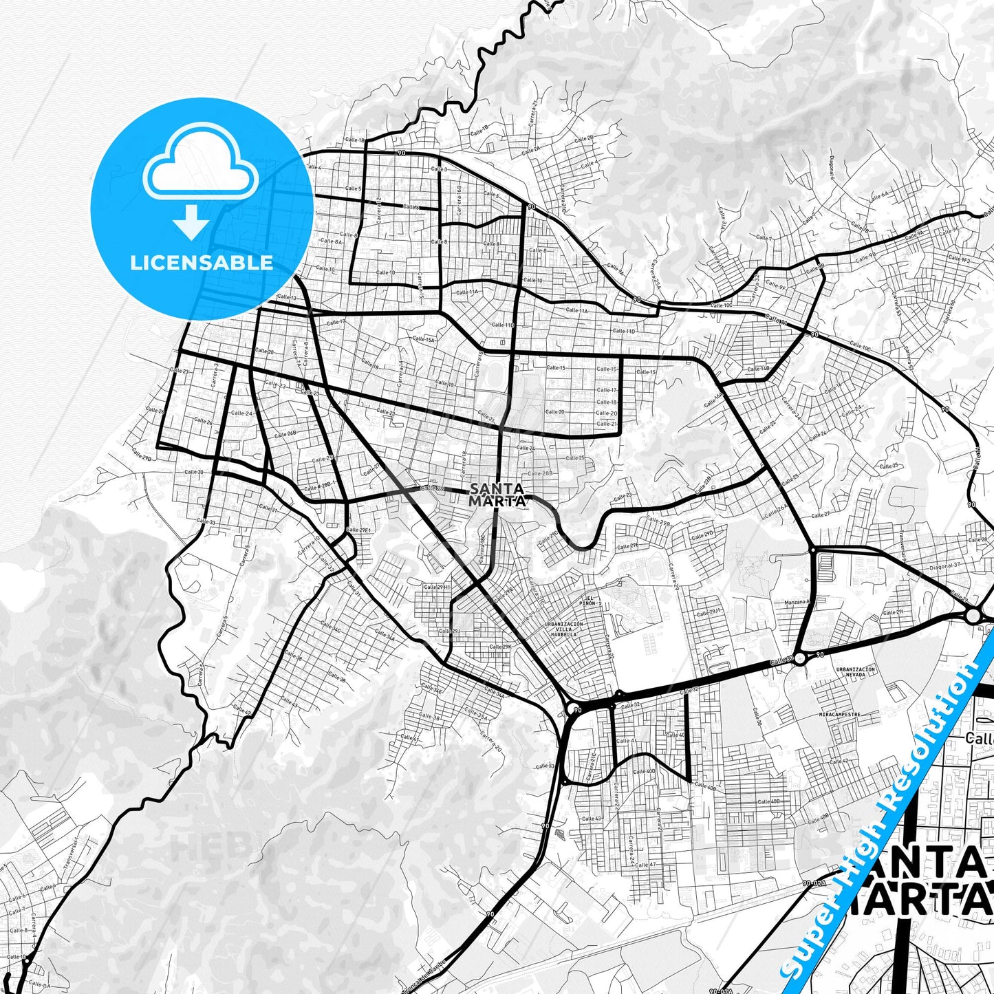 Santa Marta, Colombia Light Map with Street Names, City Names, and Districts