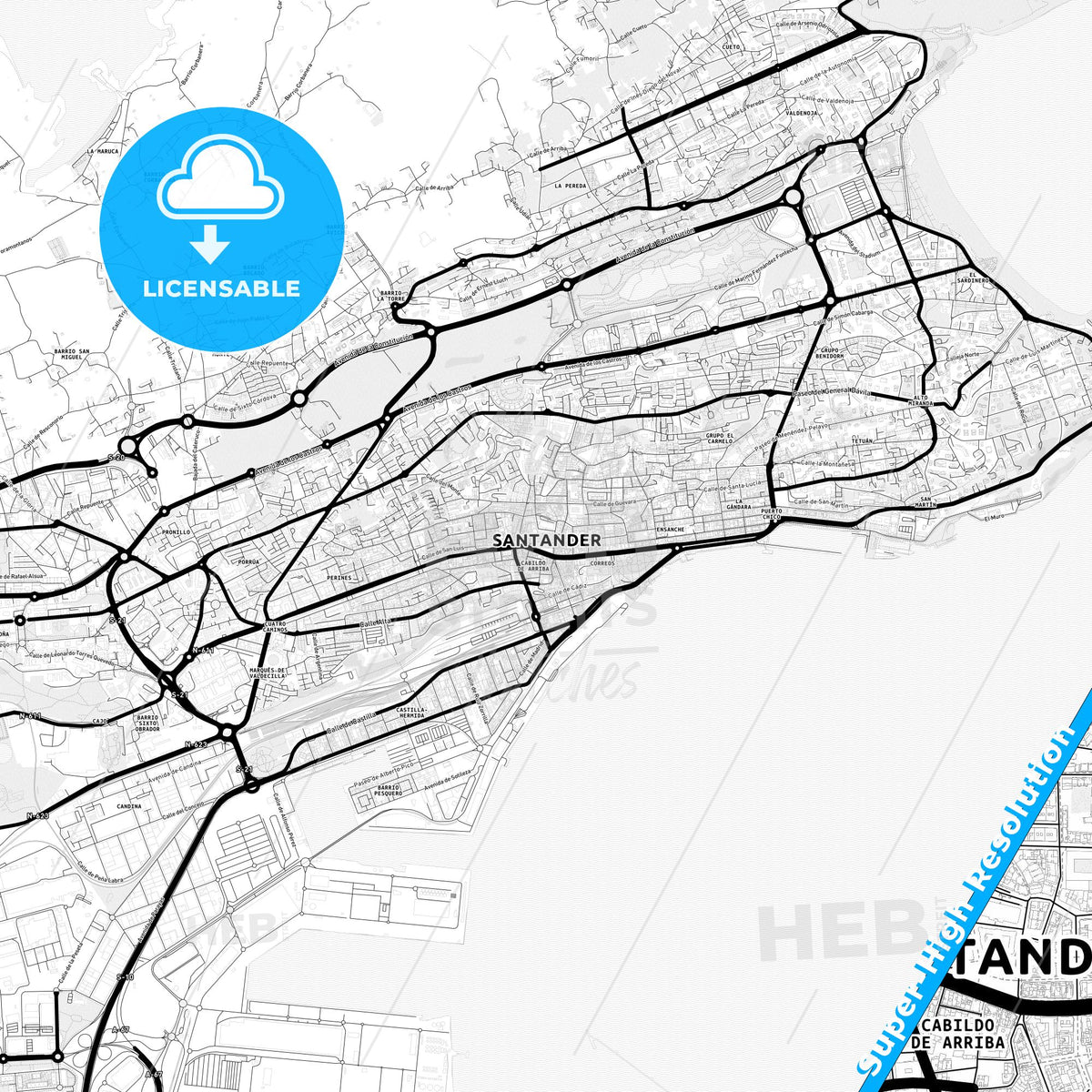Santander, Spain Light Map with Street Names, City Names, and Districts