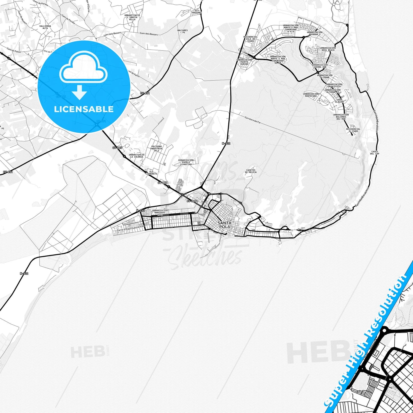 Santa Pola, Spain Light Map with Street Names, City Names, and Districts