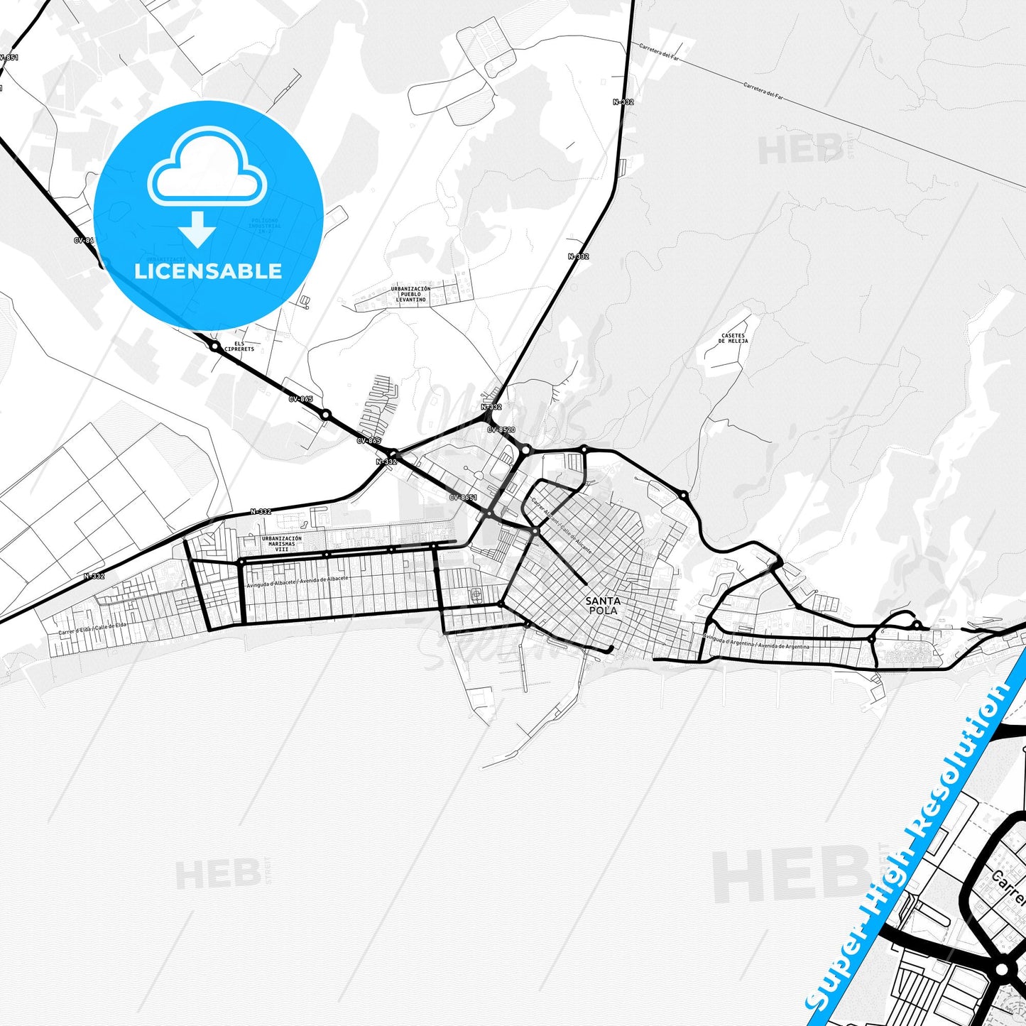 Santa Pola, Spain Light Map with Street Names, City Names, and Districts