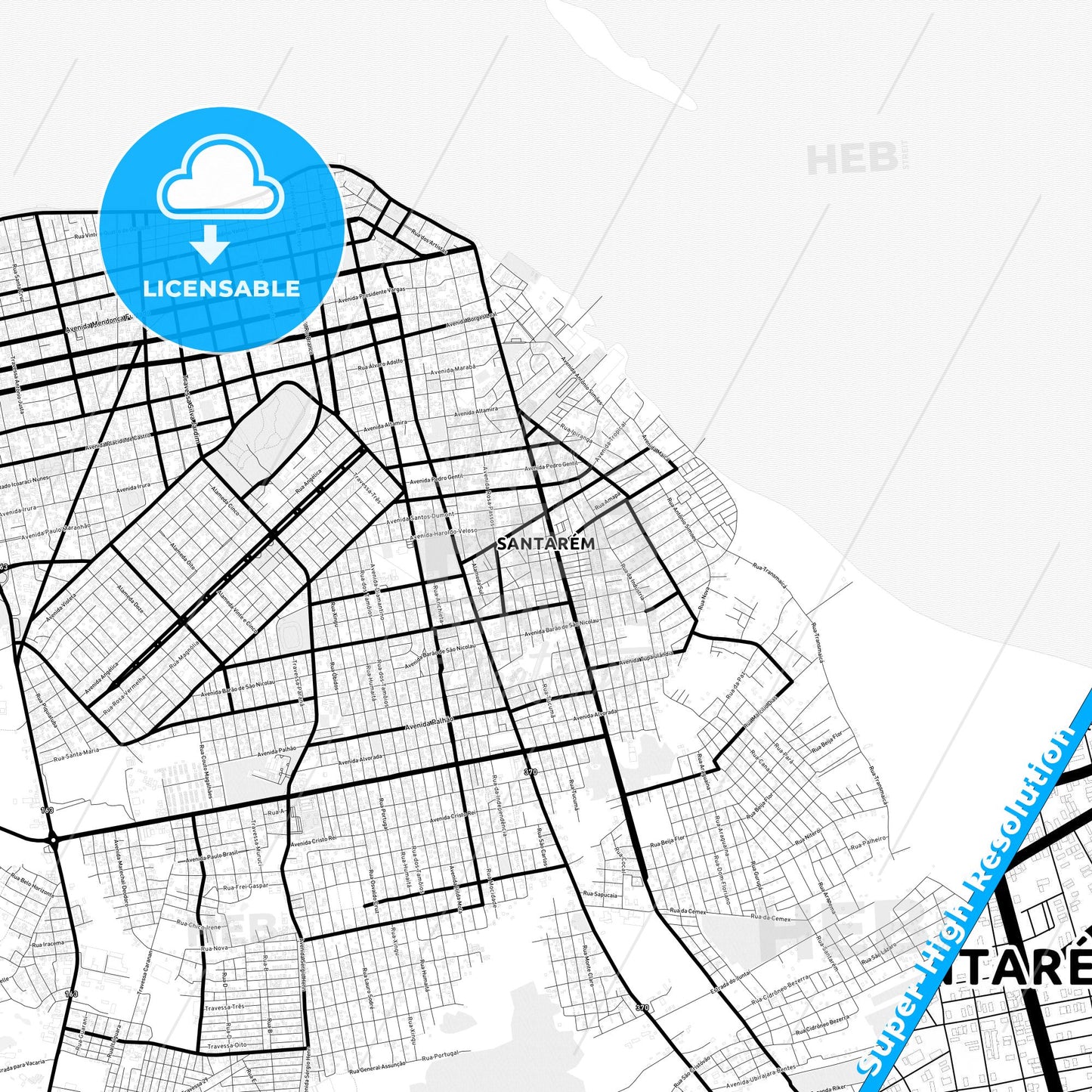 Santarem, Brazil Light Map with Street Names, City Names, and Districts
