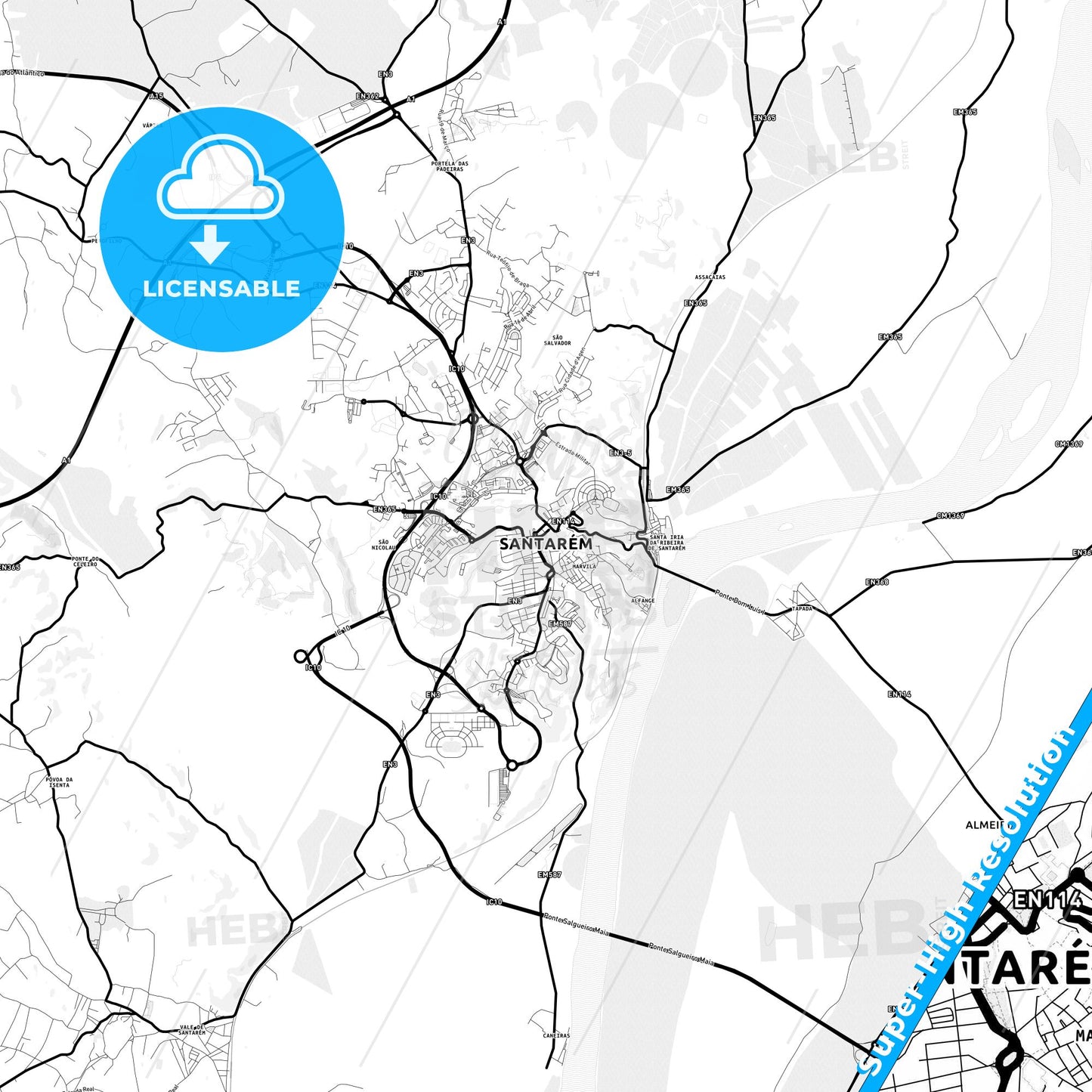 Santarém, Portugal Light Map with Street Names, City Names, and Districts