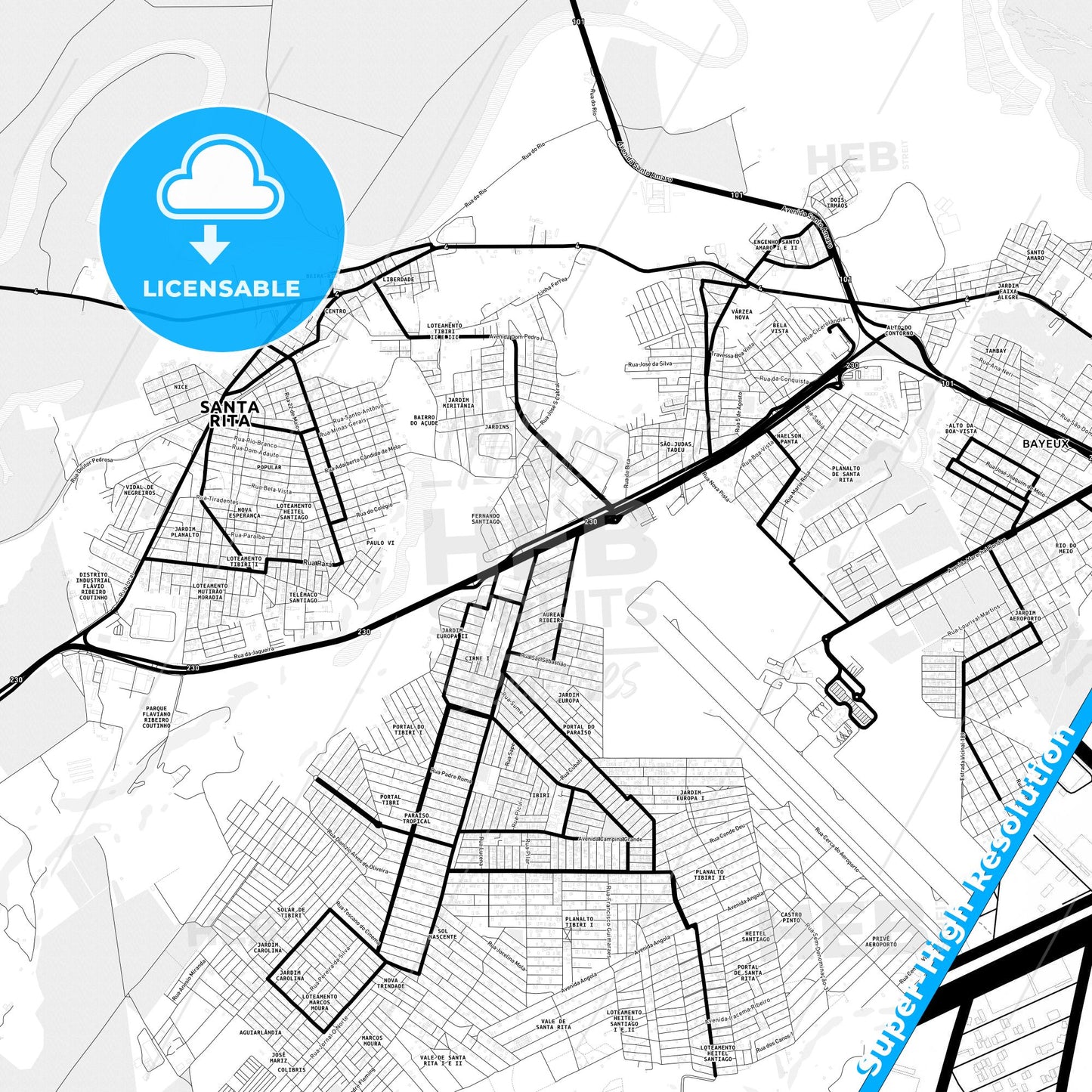 Santa Rita, Brazil Light Map with Street Names, City Names, and Districts