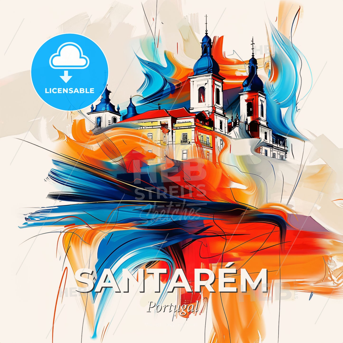 Vibrant Santarém, Portugal - A Painting Of A Building With Blue And Orange Colors - Square format print template