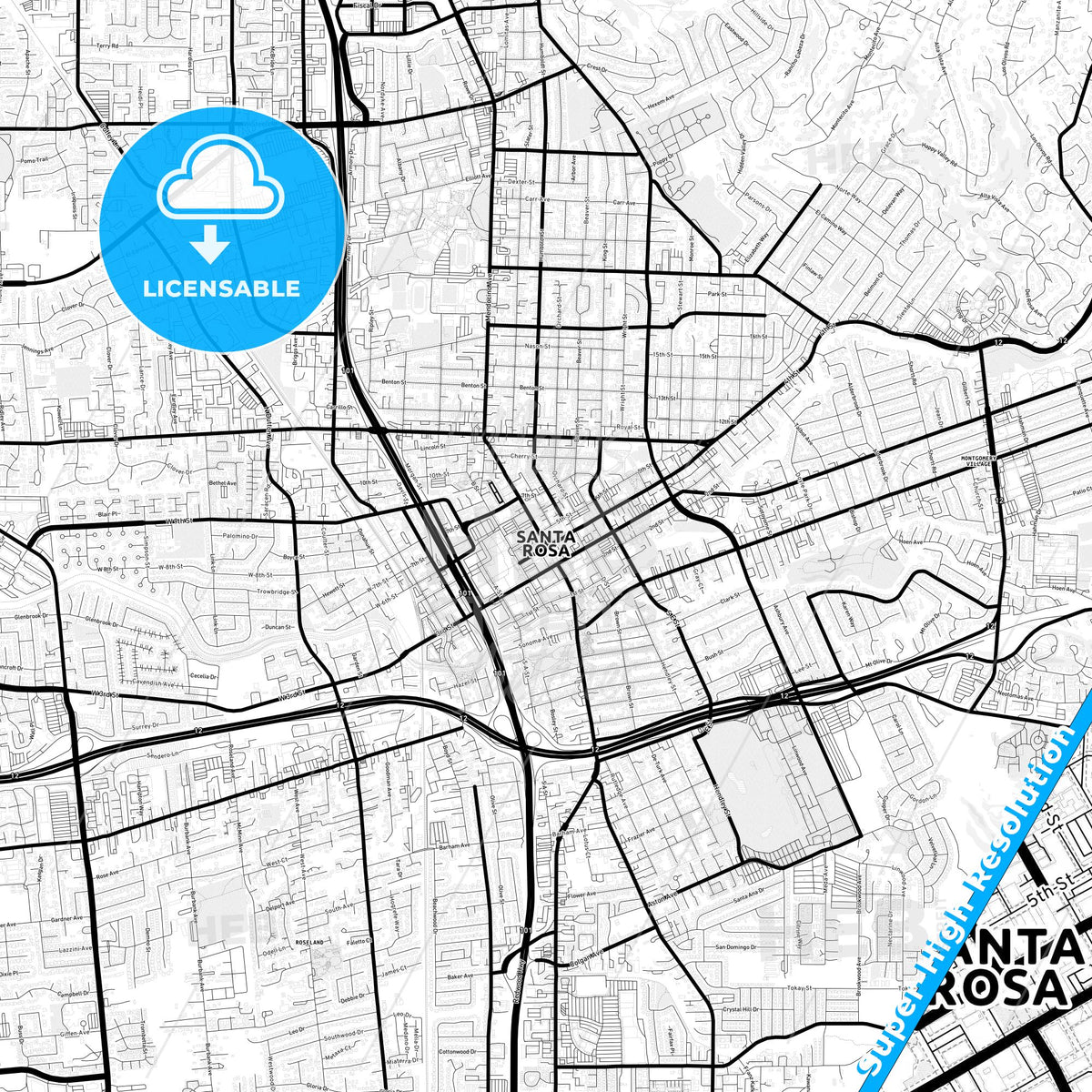 Santa Rosa, California Light Map with Street Names, City Names, and Districts